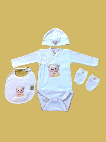 Set regalo neonata Corredino Nascita Noty Baby 4 Pezzi 100% Cotone - Body, Cappellino, Bavaglino e Guantini