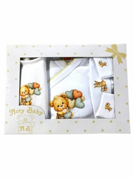 Set regalo neonato Corredino Nascita Noty Baby 4 Pezzi 100% Cotone - Body, Cappellino, Bavaglino e Guantini
