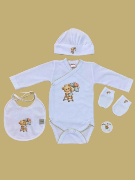 Set regalo neonato Corredino Nascita Noty Baby 4 Pezzi 100% Cotone - Body, Cappellino, Bavaglino e Guantini