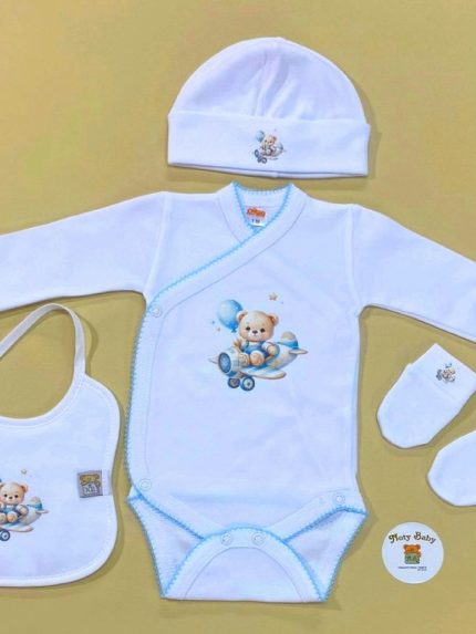 Set regalo neonato Set Corredino Nascita Neonato Noty Baby - 4 Pezzi 100% Cotone con Body, Cappellino, Bavaglino e Guantini