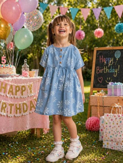 Abito denim manica corta bambina Minoti 3/7 anni - Abito bambina in morbido denim con stampa margherite