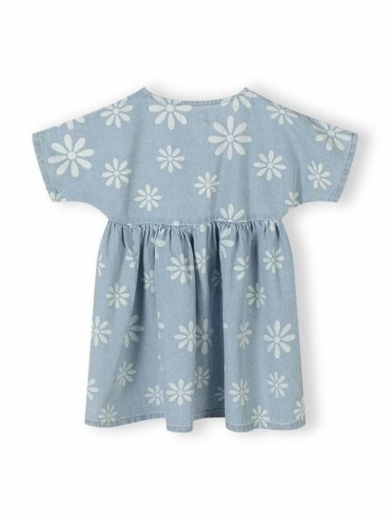 Abito denim manica corta bambina Minoti 3/7 anni - Abito bambina in morbido denim con stampa margherite