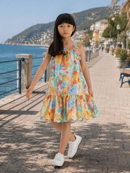 Abito fantasia bambina Minoti 3/10 anni - Abito fantasia tropicale bambina 100% cotone