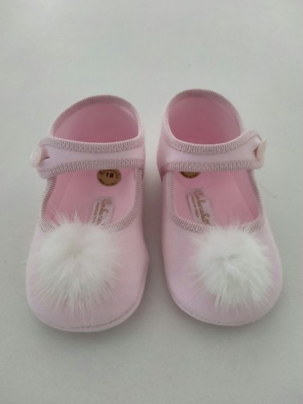 Ballerine culla neonata Graziose ballerine culla per neonata con decoro pompon, cinturino con bottoncino. Made in Italy Accessori Cerimonia Idea Regalo