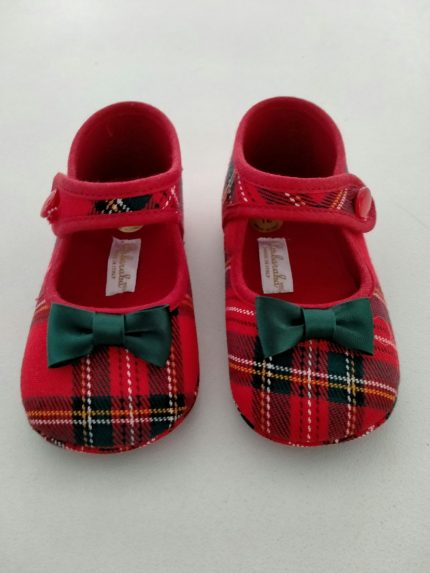 Ballerine culla neonata Ballerine culla per neonata in tessuto fantasia scozzese e fiocchetto applicato, cinturino con bottoncino. Made in Italy Natale Lei 2023