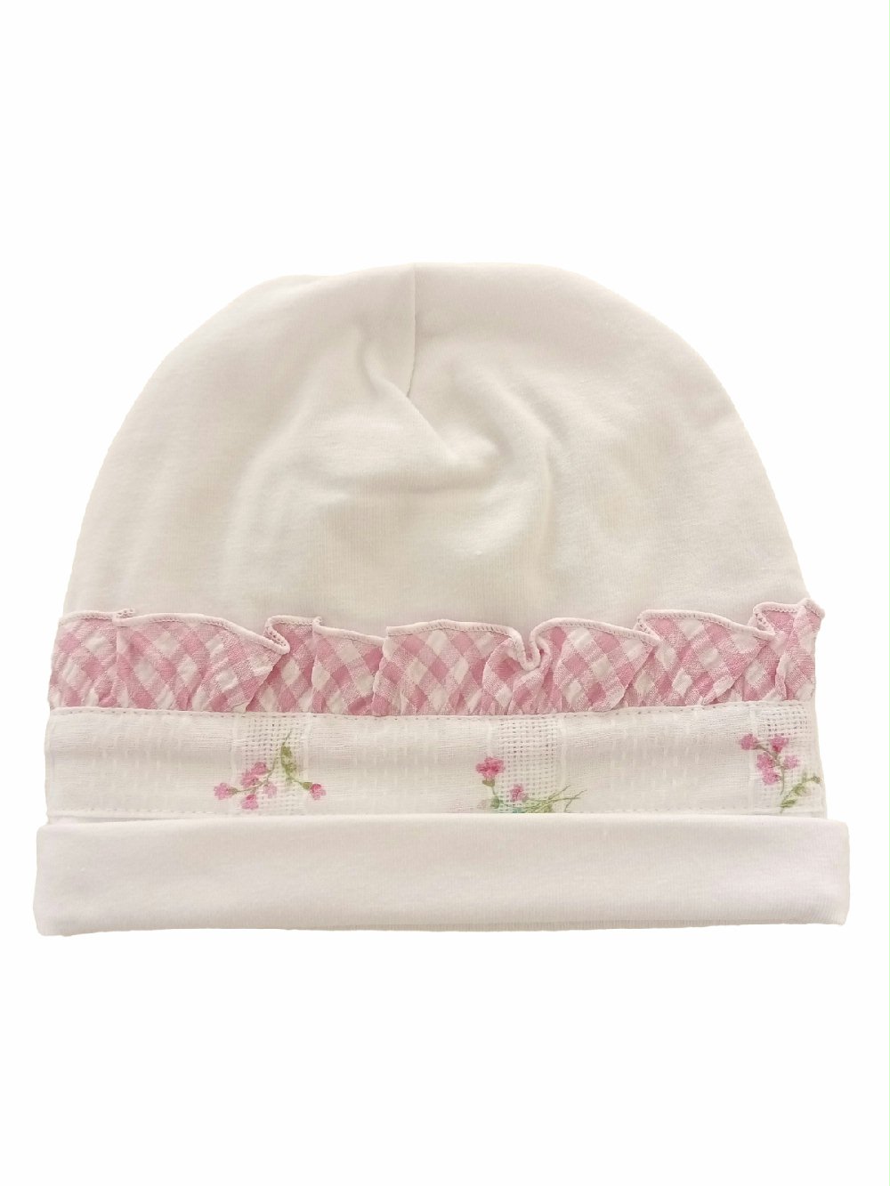 Cappellino neonata Vichy CA4780 Lista Nascita Corredino 00 Cappellino neonata Vichy Cappellino per neonata in jersey di cotone con balza in tessuto fantasia quadretti.Made in Italy Lista Nascita Corredino