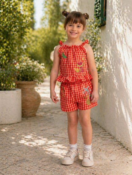 Completo due pezzi bambina Minoti 3/7 anni - Completo bambina fantasia quadretti e ricami