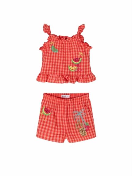 Completo due pezzi bambina Minoti 3/7 anni - Completo bambina fantasia quadretti e ricami