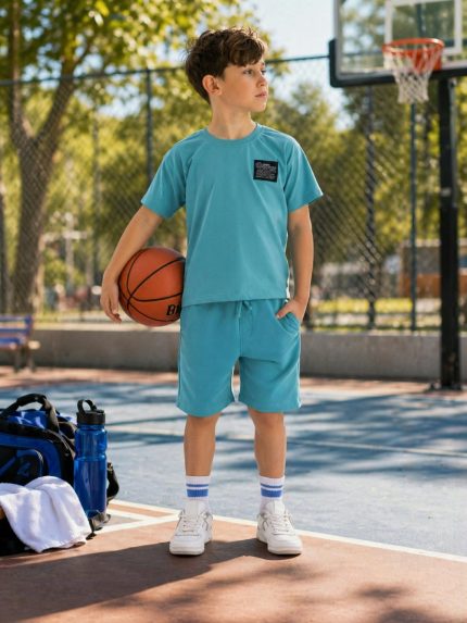 Completo due pezzi bambino Minoti 3/10 anni - Completo bambino due pezzi t-shirt e pantaloncini con cinta elastica e taschine in cotone stretch