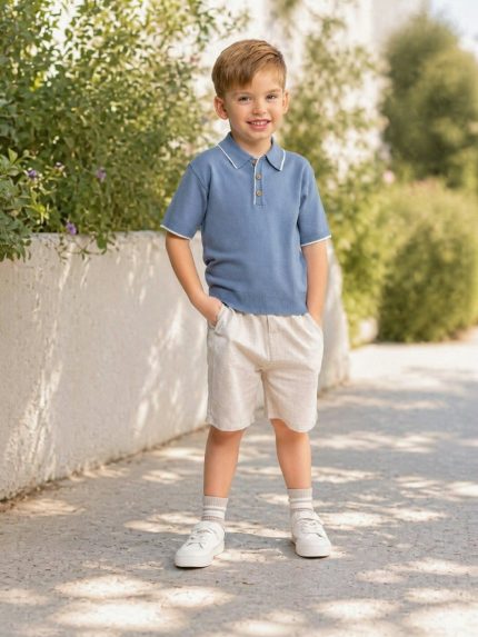 Completo due pezzi bimbo Minoti 6/36 mesi - Completo bambino polo in maglia e bermuda in lino