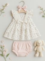 Completo due pezzi neonata Riviera Completo 2 Pezzi Neonata in Cotone - Maglia a Volants con Fiocco e Culotte in Jersey Nursery Lista Nascita Idea Regalo Corredino