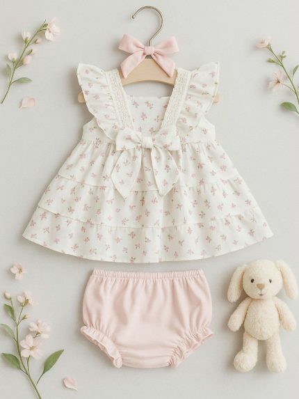 Completo due pezzi neonata Riviera Completo 2 Pezzi Neonata in Cotone - Maglia a Volants con Fiocco e Culotte in Jersey Nursery Lista Nascita Idea Regalo Corredino
