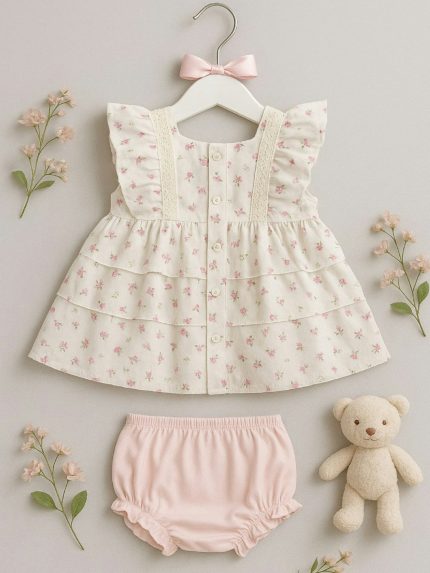 Completo due pezzi neonata Riviera Completo 2 Pezzi Neonata in Cotone - Maglia a Volants con Fiocco e Culotte in Jersey Nursery Lista Nascita Idea Regalo Corredino