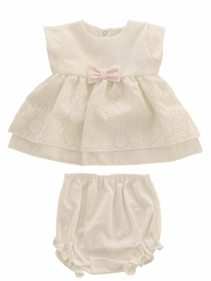 Completo due pezzi neonata Soffio Elegante completo clinico corto per neonata composto da maglia a maniche corte in tessuto unito e balza in tulle devorè con stampa a fiori + mutandina in jersey di cotone elasticizzato. Lista Nascita Corredino