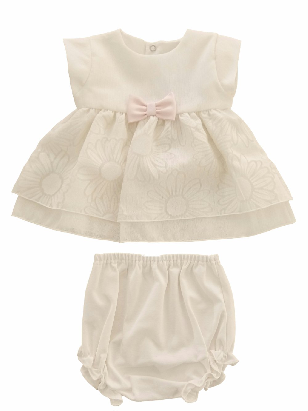 Completo due pezzi neonata Soffio CC4730 Lista Nascita Corredino 00 Completo due pezzi neonata Soffio Elegante completo clinico corto per neonata composto da maglia a maniche corte in tessuto unito e balza in tulle devorè con stampa a fiori + mutandina in jersey di cotone elasticizzato. Lista Nascita Corredino