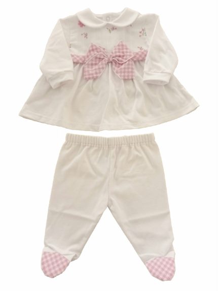 Completo due pezzi neonata Vichy Completo clinico lungo in jersey di cotone, maglia con delicato corpino stampa fiori e grazioso fiocco in tessuto goffrato fantasia quadretti + ghettina con piedino tessuto fantasia. Made in Italy Lista Nascita Corredino