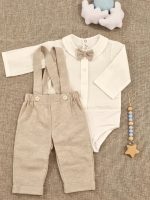 Completo due pezzi neonato Bebè Completo Neonato Elegante in Lino e Cotone con Papillon - Made in Italy Completo Cerimonia Neonato