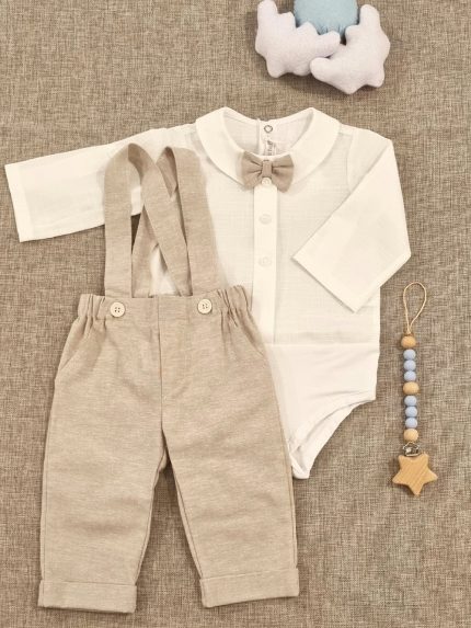 Completo due pezzi neonato Bebè Completo Neonato Elegante in Lino e Cotone con Papillon - Made in Italy Completo Cerimonia Neonato