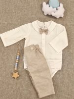 Completo due pezzi neonato Bebè Completo Neonato Elegante in Lino e Cotone con Papillon - Made in Italy Completo Cerimonia Neonato