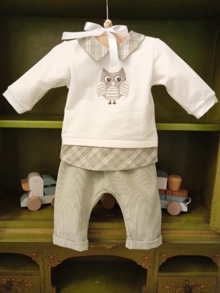 Completo due pezzi neonato Gufetto Completo Neonato 2 Pezzi in Cotone Stretch e Velluto Millerighe - Teto&Tatta Made in Italy Made in Italy Gufetto Nascita Lui Idea Regalo Corredino