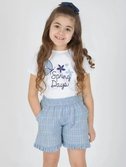 Completo due pezzi t-shirt+pantaloncini Bennie Kids 4/10 anni - completo 100% cotone con t-shirt ricamata e shorts a quadretti con volant