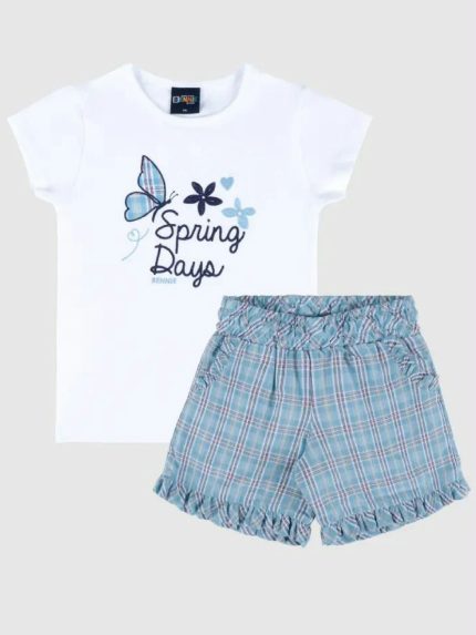 Completo due pezzi t-shirt+pantaloncini Bennie Kids 4/10 anni - completo 100% cotone con t-shirt ricamata e shorts a quadretti con volant