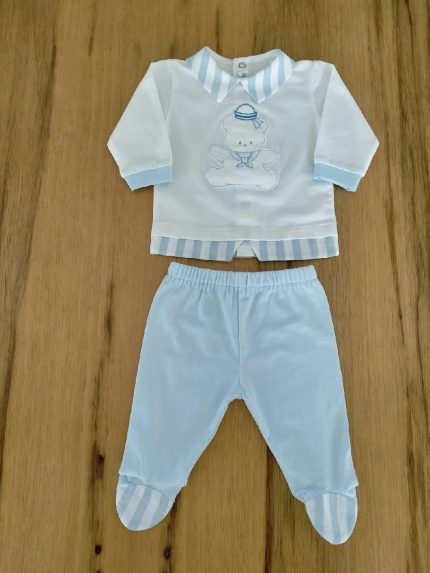 Completo Estate a Righe Teto e Tatta Completo clinico lungo, con piedini, in jersey di cotone con colletto rigato a contrasto, decoro con applicazione Orsetto Marinaio. Made in Italy Lista Nascita Corredino