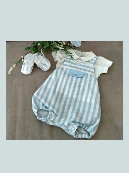 Completo Estate a Righe Teto e Tatta Completo elegante misto lino/cotone: t.shirt in jersey con colletto + salopette corta misto lino fantasia rigata. Abito da Battesimo Lista Nascita Corredino