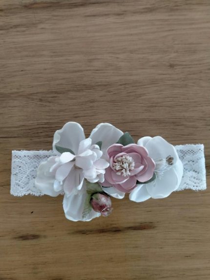 Corona Mughetto Mimilù Elegante corona da Battesimo e cerimonia per neonata, modello Mughetto in pizzo e fiore in tessuto. Accessori Cerimonia