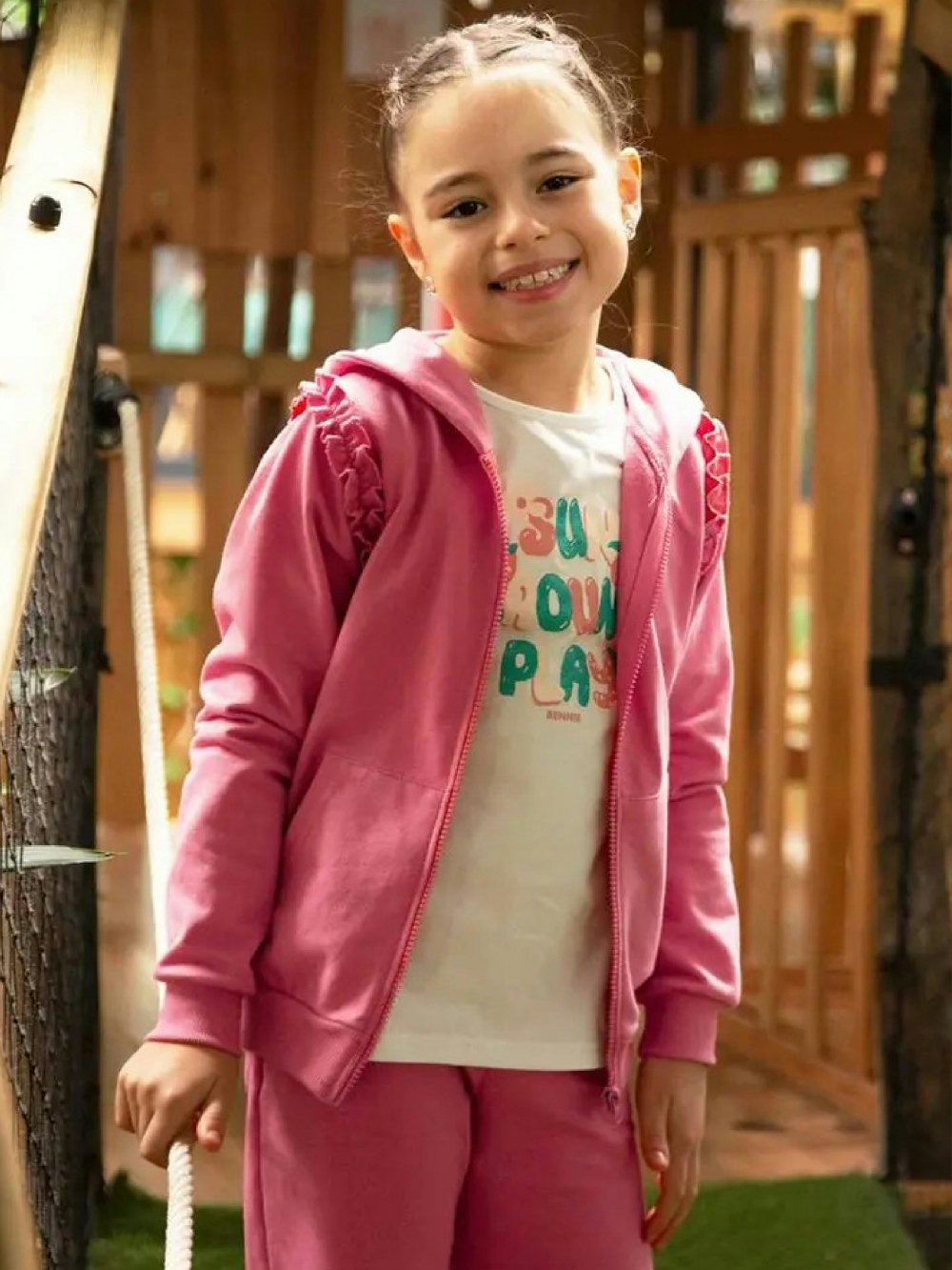 Felpa zip con cappuccio bambina CAS3333_ROSA 00 Felpa zip con cappuccio bambina Bennie Kids 4/14 anni - Felpa zip 100% cotone con cappuccio e volant sulle maniche