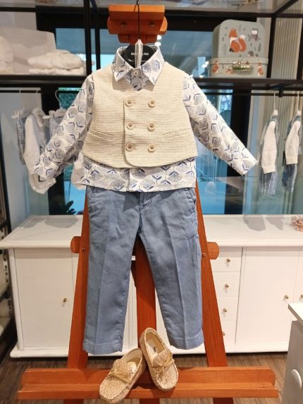 Panciotto con camicia Outfit Battesimo Neonato - Panciotto Doppio Petto e Camicia Fantasia - Made in Italy Made in Italy Cerimonia Neonato
