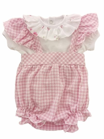 Salopette neonata Vichy Salopette per neonata in tessuto goffrato fantasia a quadretti e t.shirt in jersey di cotone con collo a corolla fantasia fiori.Made in Italy