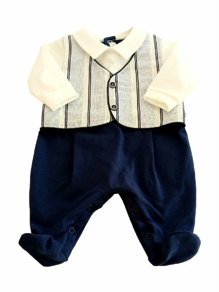 Tutina Brezza Marina Teto e Tatta Tutina con piedini in jersey di cotone con colletto e finto gilet rigato. Made in Italy Lista Nascita Corredino