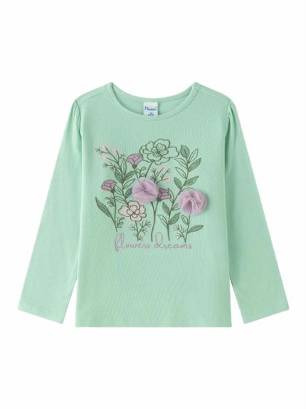 T-Shirt manica lunga bambina T-shirt Bambina Manica Lunga in Cotone Stretch con Fiori in Tulle | Newness Kids 3-9 Anni