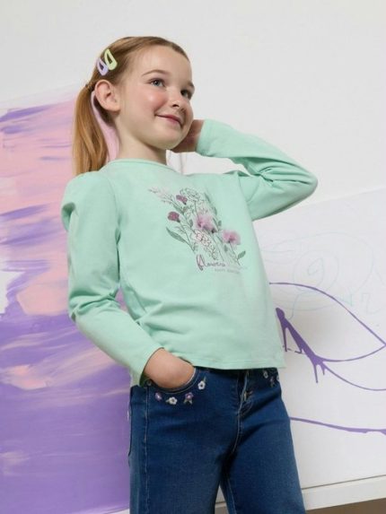 T-Shirt manica lunga bambina T-shirt Bambina Manica Lunga in Cotone Stretch con Fiori in Tulle | Newness Kids 3-9 Anni