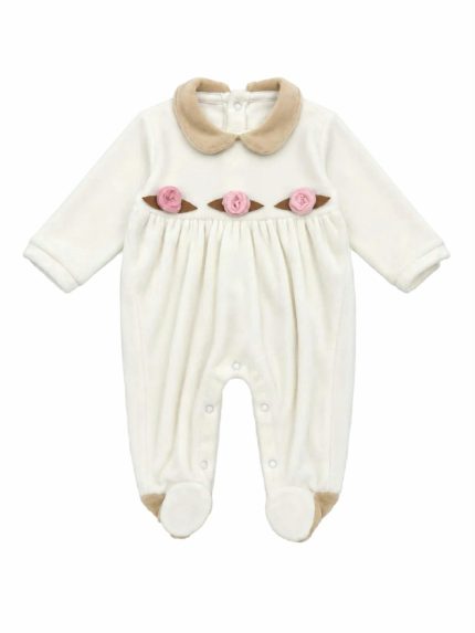 Tutina ciniglia neonata Tutina Ciniglia Neonata con Roselline Rosa e Colletto Beige